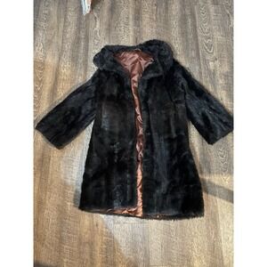 Vintage long Black fur coat, lined. Collar, hook closure As Is